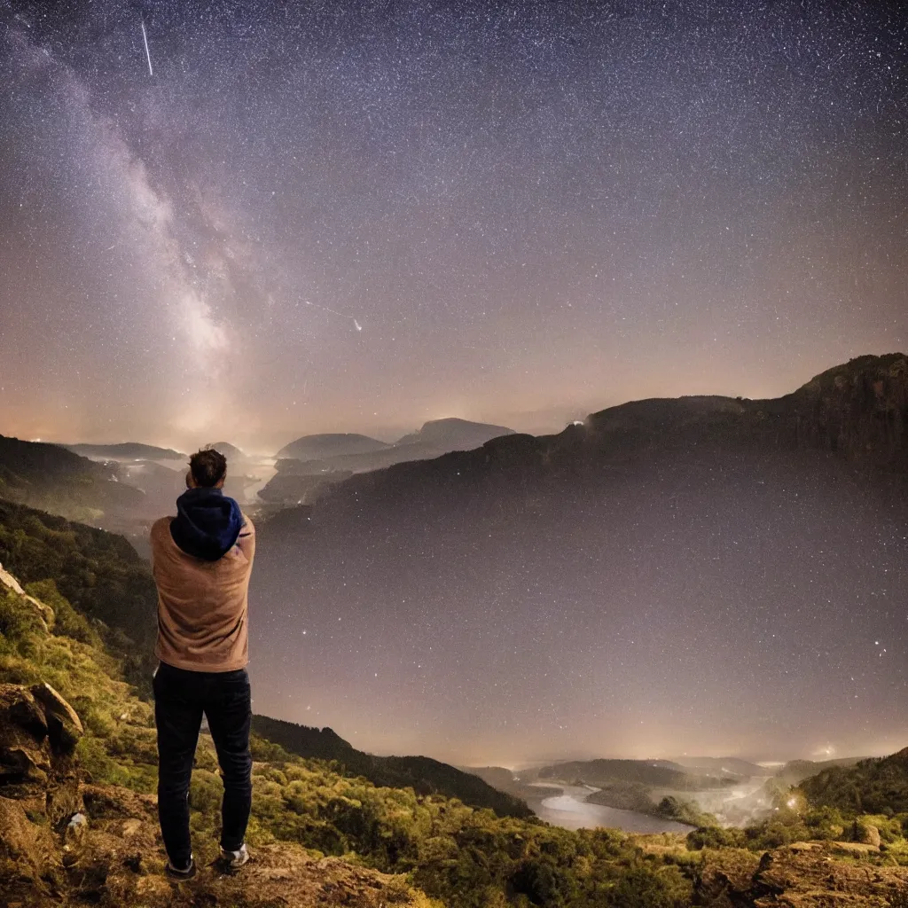 Prompt: twenty year old man with brown hair, with his hands in his pockets, looking over a cliff at a beautiful landscape of rivers and mountains as a meteor shower happens overhead