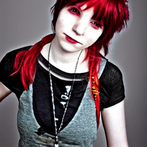 Prompt: manic pixie girl, hot topic clothes, portrait photography, early 2010s style