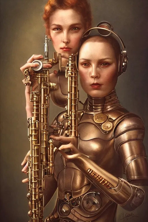 Image similar to a beautiful ultradetailed vintage photo of cyborg playing an oboe, by tom bagshaw and anna dittman, couples portrait, vignette, 3 5 mm lens, golden ratio composition, detailed faces, studio photography, very detailed, humanoids, industrial robots, artstation, 8 k, highly coherent