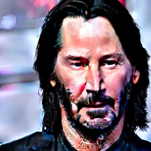 Image similar to Keanu Reeves expressing his disappointment over how bad Cyberpunk 2077 was