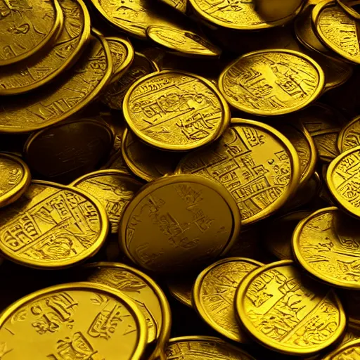 Image similar to A pile of ancient gold coins with the Yoda and hieroglyphic writing, cinematic, hyper realism, high detail, octane render, 8k