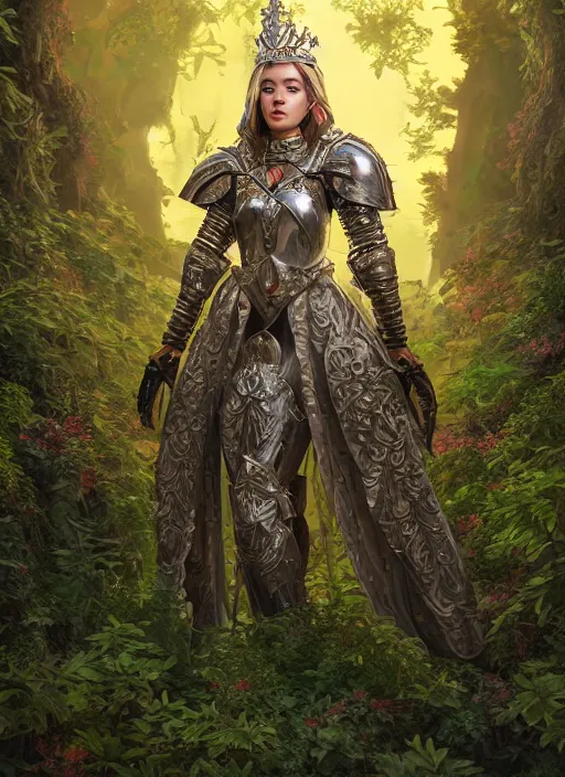 Prompt: Beautiful art portrait of a female fantasy queen in plate armour in a bright temple surrounded by lush forest, atmospheric lighting, intricate detail, cgsociety, hyperrealistic, octane render, RPG portrait, ambient light, dynamic lighting