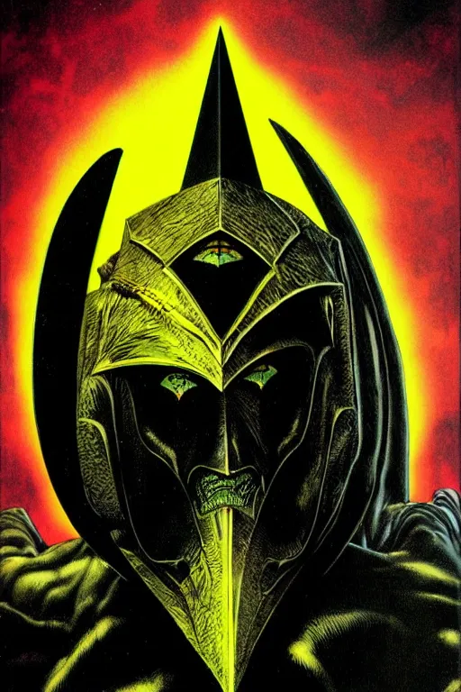 Image similar to portrait of black and yellow technicolor color print, richard corben, wayne barlowe, moebius, heavy metal comic cover art, psychedelic triangular lich in heavy shoulders armor, very intricate, thick outline, full body, symmetrical face, long black crown, in a shapes background, galactic dark colors