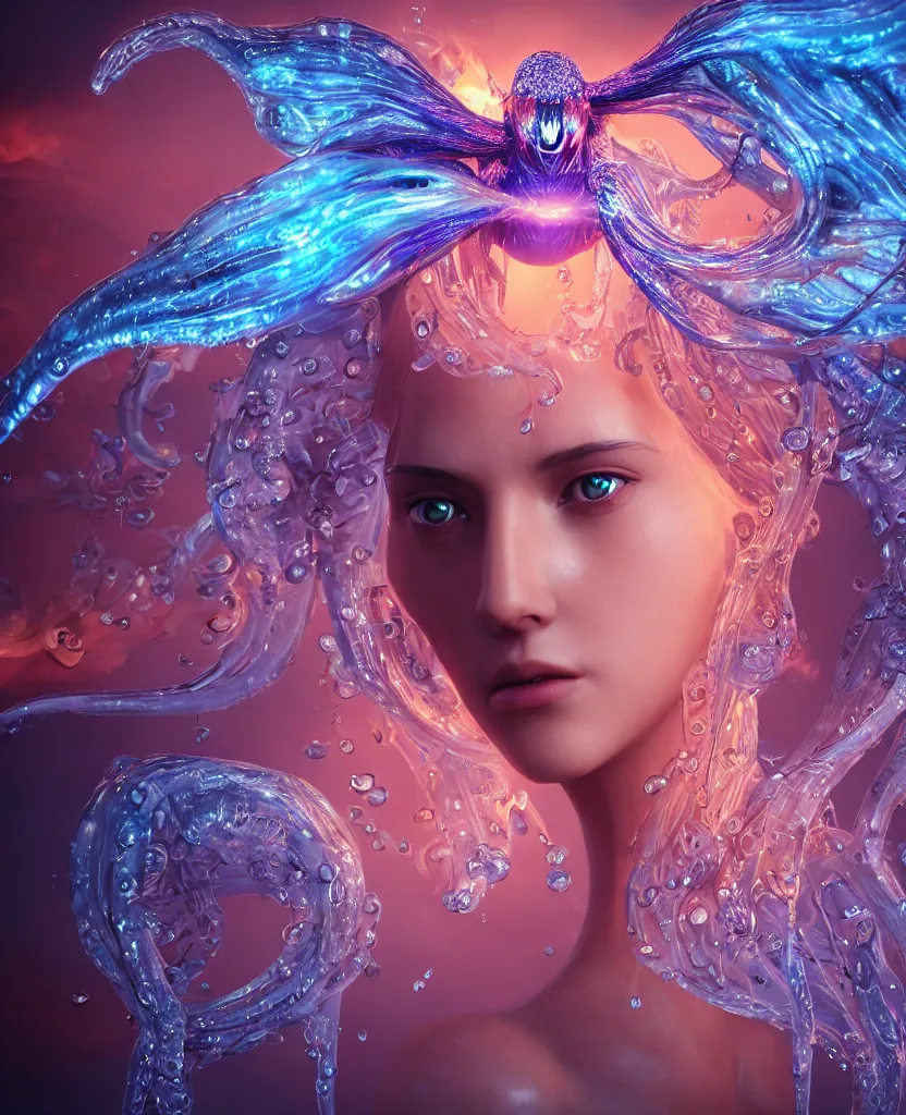 Image similar to close-up macro portrait of the face of a beautiful princess, epic angle and pose, symmetrical artwork, 3d with depth of field, blurred background, cybernetic jellyfish female face skull phoenix bird, translucent, nautilus, energy flows of water and fire. a highly detailed epic cinematic concept art CG render. made in Maya, Blender and Photoshop, octane render, excellent composition, cinematic dystopian brutalist atmosphere, dynamic dramatic cinematic lighting, aesthetic, very inspirational, arthouse. y Greg Rutkowski, Ilya Kuvshinov, WLOP, Stanley Artgerm Lau, Ruan Jia and Fenghua Zhong