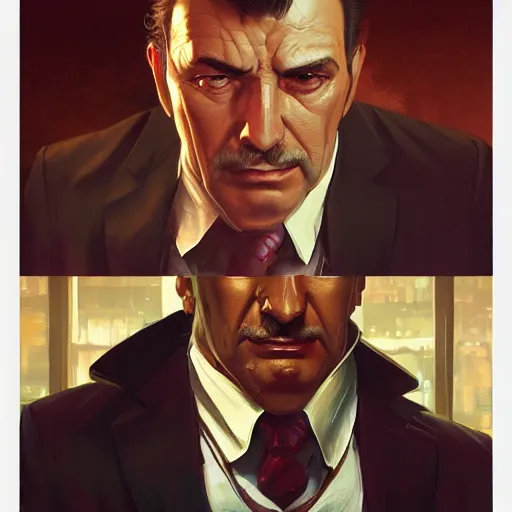 Prompt: mob boss, headshot, painted character portrait, highly detailed, digital painting, artstation, concept art, sharp focus, illustration, art by artgerm and greg rutkowski and alphonse mucha