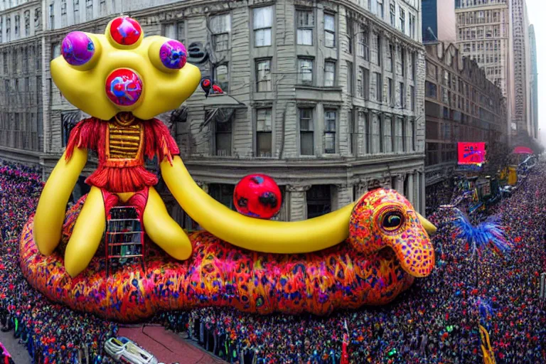 Prompt: photo of giant beautiful elaborate parade float character designed by ( ( ( ( ( ( ( ( giger ) ) ) ) ) ) ) ) and wes anderson!!!!!!!!!!!!!!, in the macys parade, detailed 4 k photo,