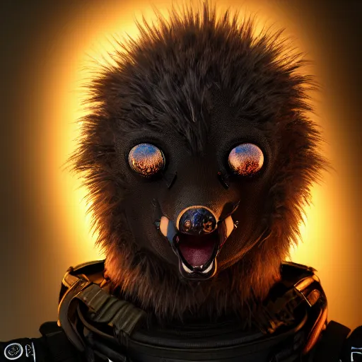 Image similar to mole wearing military gear, furry, glowing arcane eyes, very detailed black feathers, ultra detailed, cgi, photorealistic, unreal engine 5, nft portrait, 3 d, digital art, 8 k, octane render, trending on art station,