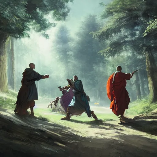 Prompt: 'A monk, bard, druid and a paladin are fighting together in the woods, art by Greg Rutkowski, 4k'