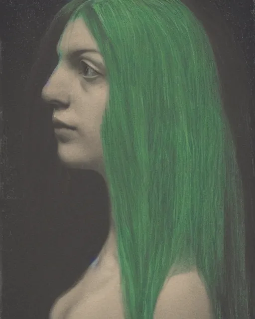 Prompt: a woman's face in profile, long hair made of emerald in the style of the Dutch masters and Gregory Crewdson, dark and moody