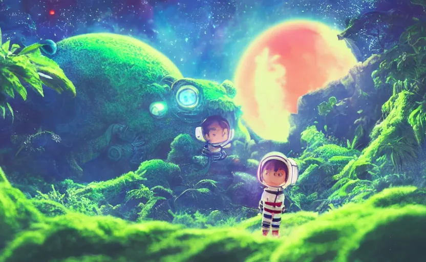 Image similar to a still of a cute adorable tiny astronaut, on a planet of lush colorful foliage, with an enormous kaiju dragon surrounding the full background, magical forest, sharp focus, neon backlit, highly detailed, disney pixar studio ghibli makoto shinkai, digital painting, matte, octane render, global illumination, iridescent, anime, 8 k concept art