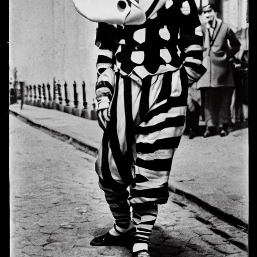 Image similar to a photo of a harlequin mime in madrid in the spanish civil war