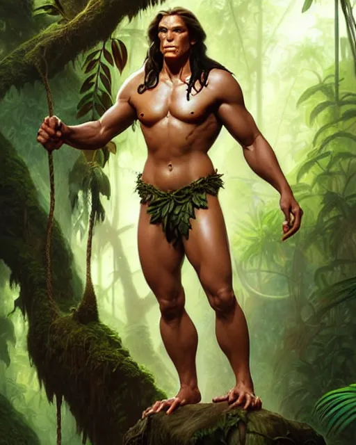 Prompt: tarzan in the jungle, fantasy character portrait, ultra realistic, concept art, intricate details, highly detailed by james bamaruan jia and mandy jurgens and artgerm and william adolphe bouguereau and frank frazetta