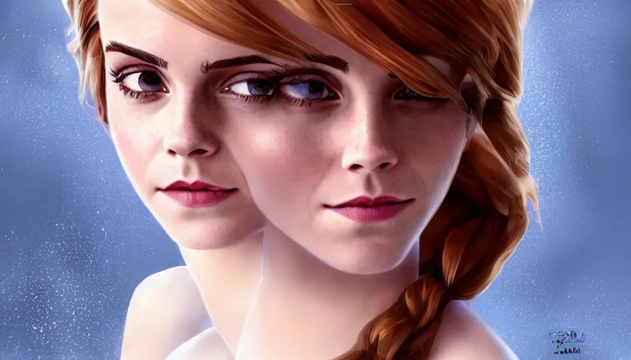 Prompt: Emma Watson is Elsa from Frozen, hyperdetailed, artstation, cgsociety, 8k