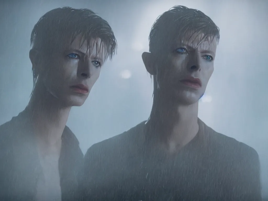 Image similar to young David Bowie, close-up, film still from Blade Runner 2049, beautiful lighting, raining, neon lights, cinematic, depth, ultra-sharp details