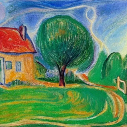 Prompt: A painting of a beautiful cottage, with a lush grass lawn, featuring a tree in the style of Edvard munch