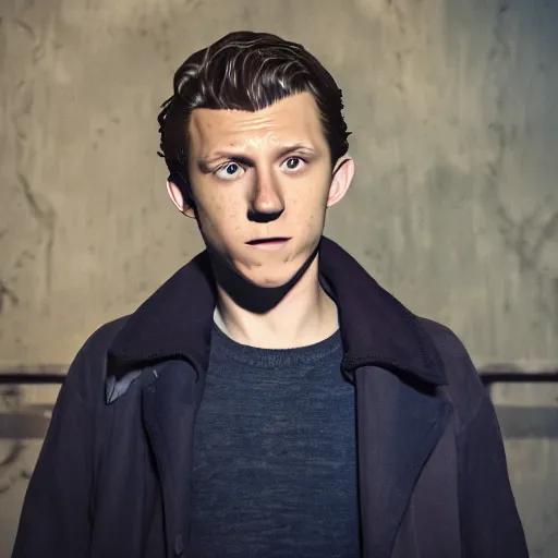 Image similar to tom holland as a rough dirty old man with a scruffy beard in a dark blue trenchcoat as the new doctor who, cinematic, volumetric lighting, f 8 aperture, cinematic eastman 5 3 8 4 film, photorealistic