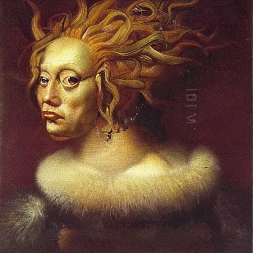 Prompt: disturbing dutch golden age oil painting by christian rex van minnen portrait of an extremely bizarre mutated proteus sundrome woman wearing fancy fur and jewels with intense chiaroscuro lighting perfect composition masterpiece