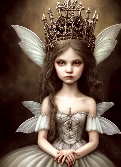 Image similar to highly detailed closeup, portrait of a gothic fairy princess wearing a crown and sitting on a throne, simple hands with straight fingers, unreal engine, nicoletta ceccoli, mark ryden, earl norem, lostfish, global illumination, detailed and intricate environment