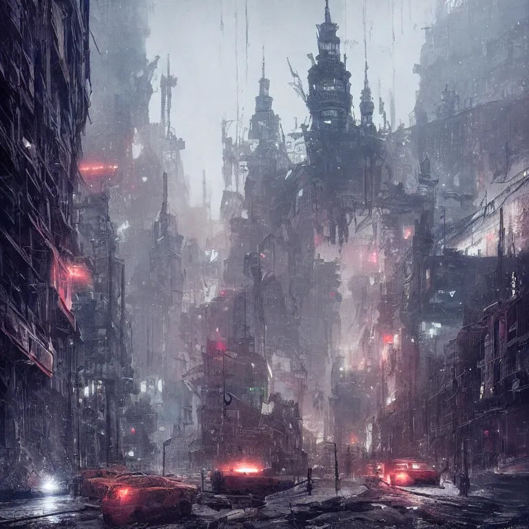 Image similar to cyberpunk depiction of the city of gdansk during arctic conditions by greg rutkowski