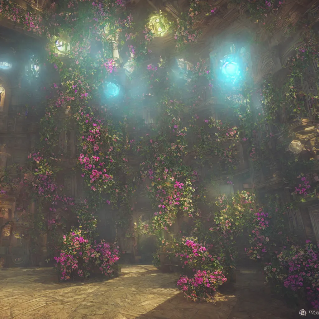 Prompt: chromatic library, spiral, unreal engine, global illumination, flowers, smoke, detailed and intricate environment, mysterious, comfort, in the style of aetherpunk