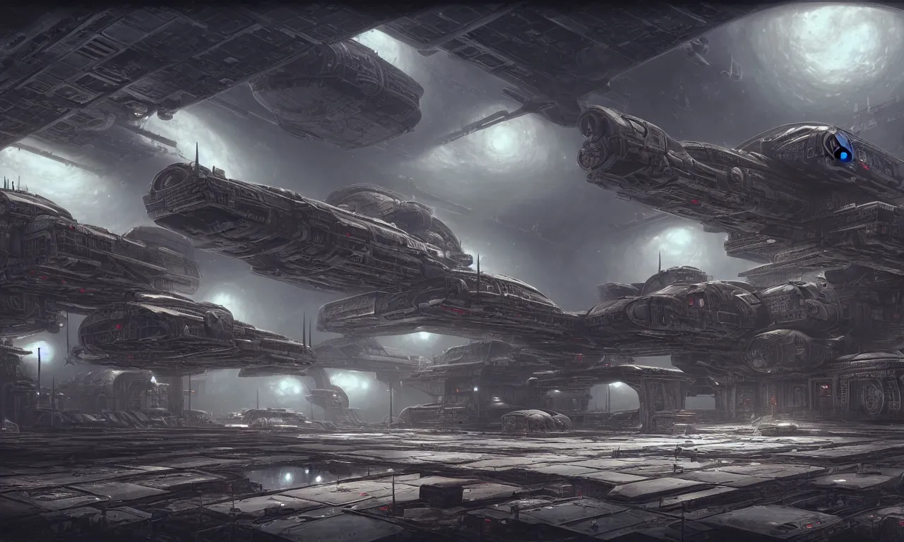 Image similar to a beautiful highly detailed matte painting of a huge derelict cargo starship base, Space Hulk, Star Trek by Jose Daniel Cabrera Pena and Leonid Kozienko, concept art