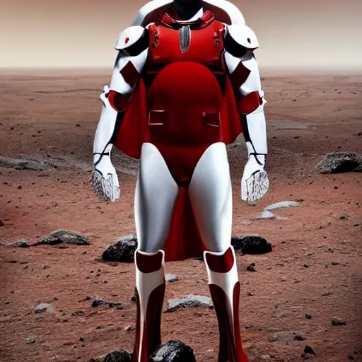 Image similar to portrait of a tall athletic muscular infantry man in glossy sleek white armor with tiny red details and a long red cape, heroic posture, on the surface of mars, night time, dramatic lighting, cinematic, sci-fi, hyperrealistic, movie still