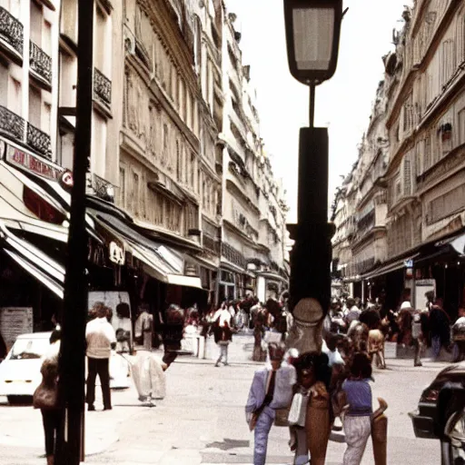Prompt: a busy street on paris in 1 9 9 0