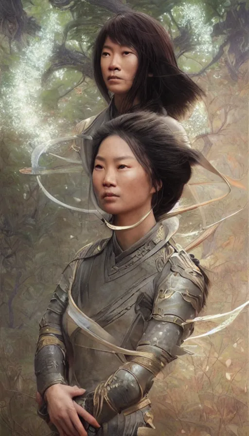 Image similar to epic masterpiece portrait crouching tiger, hidden dragon, sweaty skin, hyperrealistic, octane render, cinematic, beautiful face and flawless skin, perfect hands, 5 fingers, by Edgar Maxence and Ross Tran and Michael Whelan, Legends of Runeterra