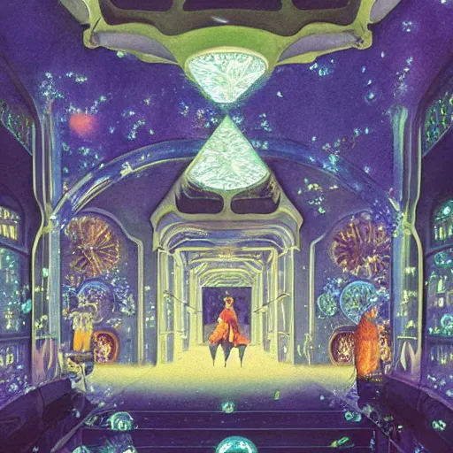 Prompt: a beautiful watercolour painting of symmetrical crystal glass subjects surrounded by magical lighting and glowing fireflies in a building, art by Yeong-Hao Han, Paul Delvaux, Gil Elvgren, Mati Klarwein, trending on artstation