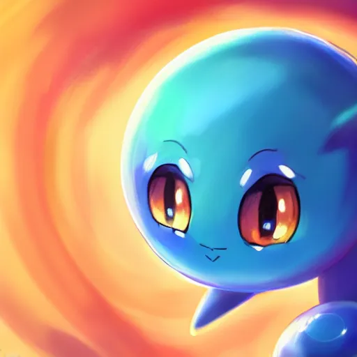 Image similar to cinematic portrait of cute Mew riding large blue bubble, oil on canvas in the style of Pokemon, epic masterpiece, trending on artstation, featured on pixiv, cinematic composition, dramatic pose, beautiful lighting, sharp, details, hyper-detailed, HD, HDR, 4K, 8K