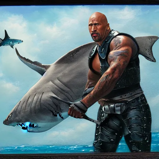 Image similar to dwayne johnson in armor fighting a shark, painted