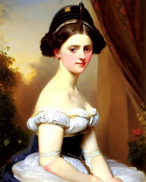 Prompt: beautiful painting of a young german princess with short hair by franz xaver winterhalter, full body painting, oil on canvas, romanticism, intricate details, highly detailed, 1 8 4 0 s style painitngs