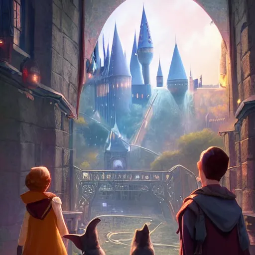 Image similar to a wholesome animation key shot of harry potter students, fantasy, colorful, pixar and disney animation, sharp, very detailed, high resolution, key art by greg rutkowski, bloom, dramatic lighting