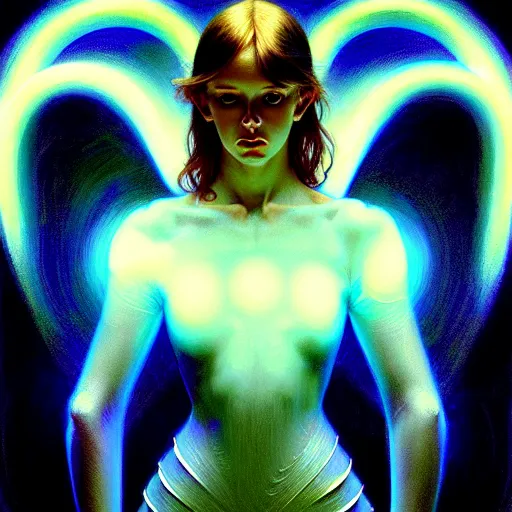 Image similar to tron angel, innocent face, psychedelic lsd, diffuse lighting, hyper realistic, elegant, intricate, hyper detailed, smooth, sharp focus, concept art, illustration, trending on artstation, art by john collier, artem demura, greg rutkowski, james gurney, and alphonse mucha