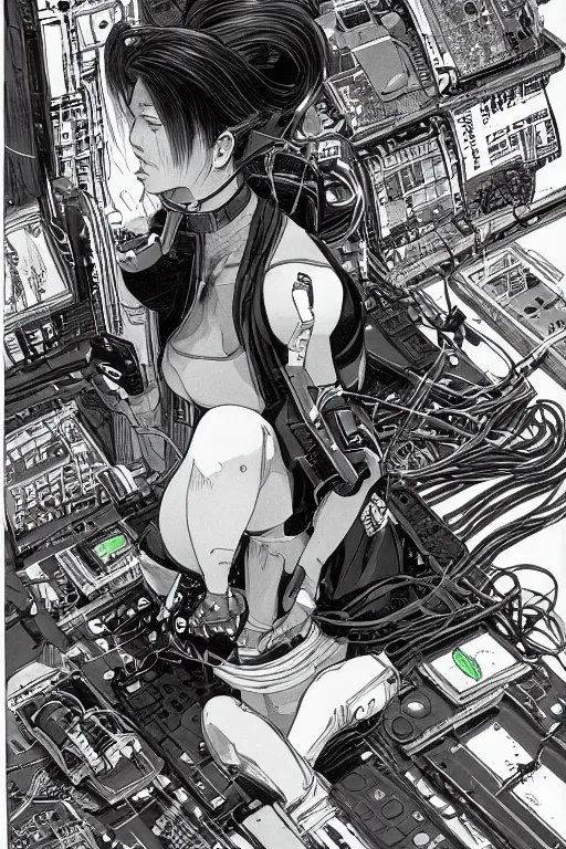 Prompt: an hyper-detailed cyberpunk illustration of a nice female android seated on the floor in a tech labor, seen from the side with her body open showing cables and wires coming out, by masamune shirow, and katsuhiro otomo, japan, 1980s, centered, colorful