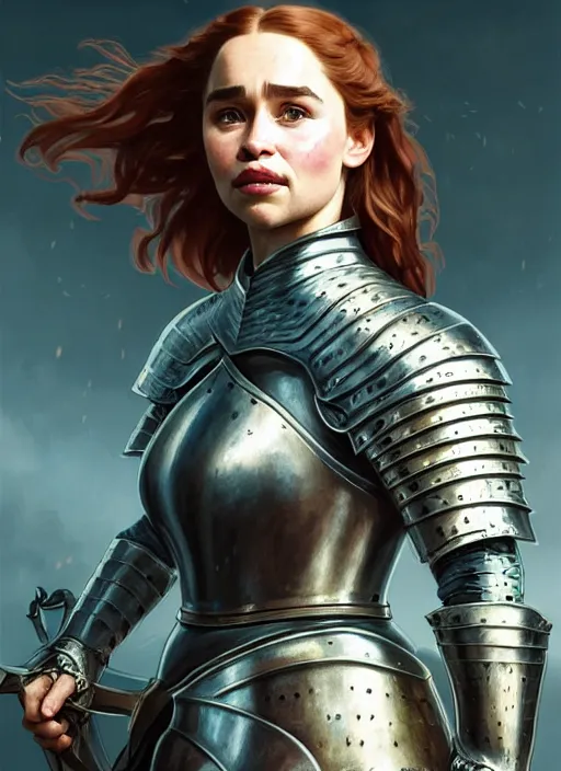 Image similar to portrait of emilia clarke as a knight, medival armor, redhead, sword, dark ages, intricate, headshot, highly detailed, digital painting, artstation, concept art, sharp focus, cinematic lighting, illustration, art by artgerm and greg rutkowski, alphonse mucha, cgsociety