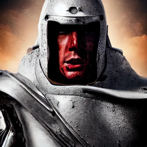 Prompt: full body shot of a muscular soldier vertical nose slits, angular eyebrows, blood - spattered glossy sleek white dinged scuffed armor and a long torn red cape, heroic posture, battle - weary, strained expression, determined expression, no helmet, on the surface of mars, dramatic lighting, cinematic, sci - fi, hyperrealistic, detailed