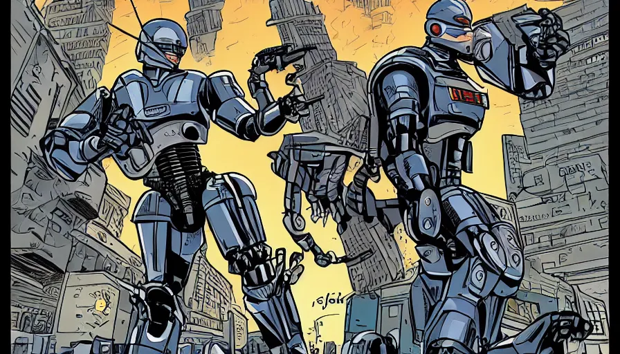 Prompt: robocop fighting crime, by jeff smith