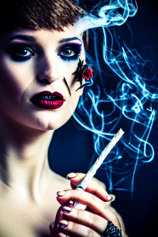 Image similar to a smoking witch, closeup, filled background around face fantasy, magic, undercut hairstyle, dark light night, intricate, elegant