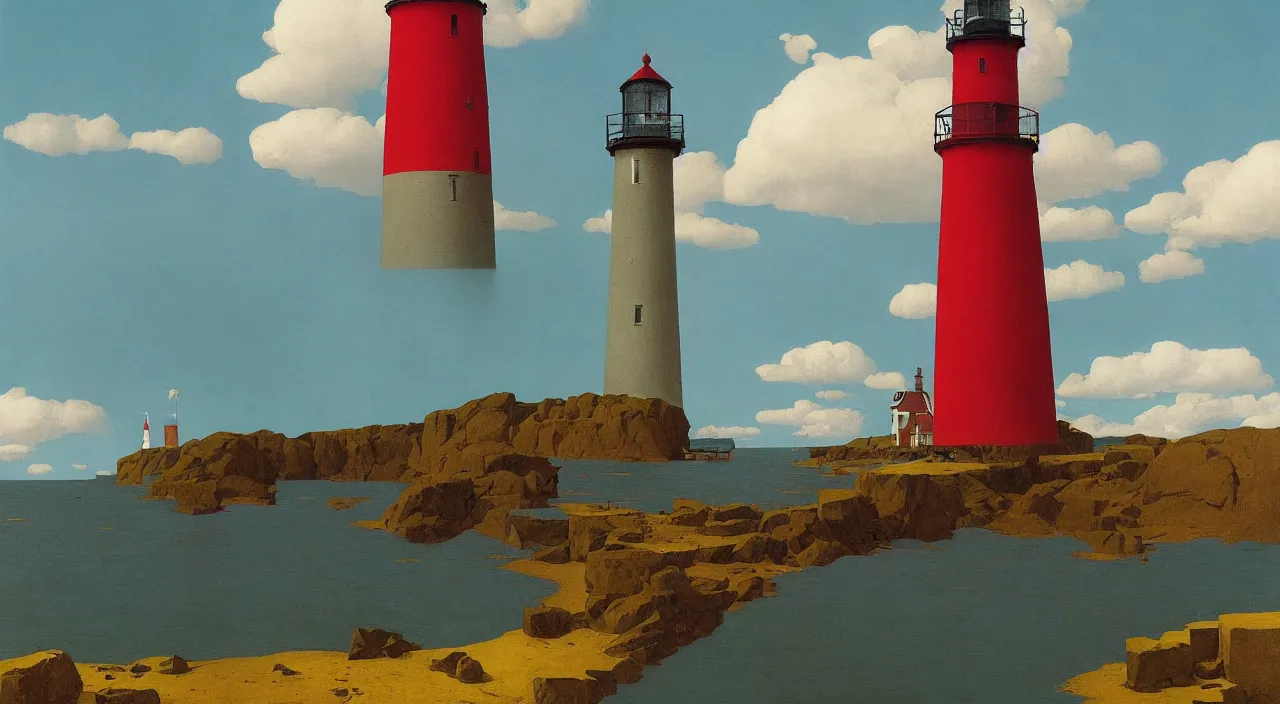 Prompt: single flooded! simple wooden ancient lighthouse, very coherent and colorful high contrast!! masterpiece by rene magritte simon stalenhag carl spitzweg syd mead norman rockwell edward hopper james gilleard, minimalist, dark shadows, sunny day, hard lighting