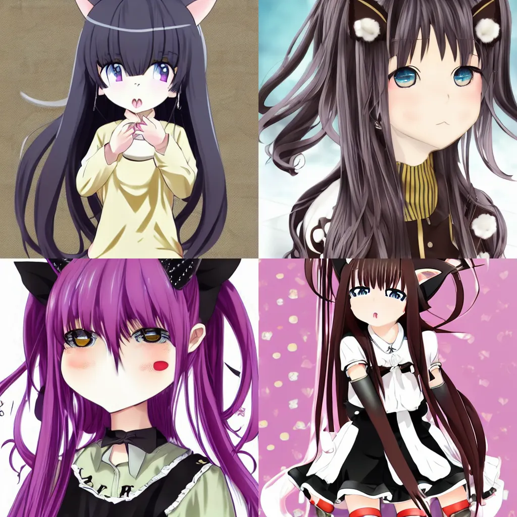 Prompt: Vanilla (バニラ Banira) is a clever and quiet Anime catgirl who loves Chocola. She is Chocola’s twin sister and the youngest among the Minaduki catgirls. Vanilla is prone to be misunderstood because she rarely expresses her emotions. In fact, she is quite smart and often makes some remarkable insights. Her sharp wit and I’ll-do-things-my-way attitude make her Chocola’s complete opposite. However, she remains both kind-hearted and, well, catlike. In contrast to her twin Chocola, Vanilla's ears, tail and hair are primarily white with a subtle pink undertone. She has blue eyes which are often slightly squinted, and her hair is tied up and styled as twin tails supported by a blue ribbon strand. Her usual attire consists of a light blue and navy blue lolita-style dress with white shin-length socks with garter trims and blue Mary Jane shoes. She wears two large blue ribbons; one on the top of her head and one on her collar. Her left hand is lightly wrapped around with a blue string and she wears a small garter near the tip of her tail. After she passes her independent catgirl training, she receives a gold bell that is placed on her collar ribbon.