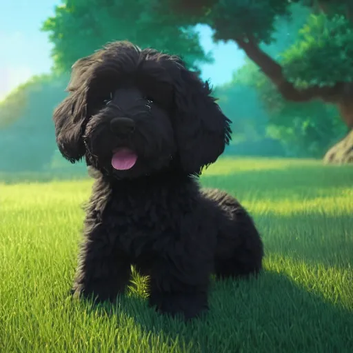 Image similar to a wholesome animation key shot of a black bernedoodle puppy, studio ghibli, pixar and disney animation, sharp, rendered in unreal engine 5, anime key art by greg rutkowski, bloom, dramatic lighting