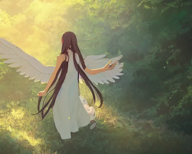 Image similar to a girl with two wings on her back in a forest. She has TWO wings on her back!!! Angel! Two blue wings!!By Makoto Shinkai, trending on ArtStation, digital art.