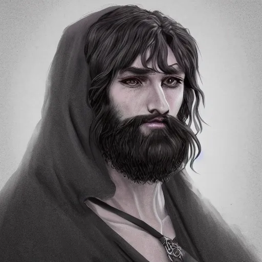 Image similar to a highly detailed portrait of a man without a beard, purple eyes, light gray long hair, wearing a black cloak, artstation, DeviantArt, professional, digital art