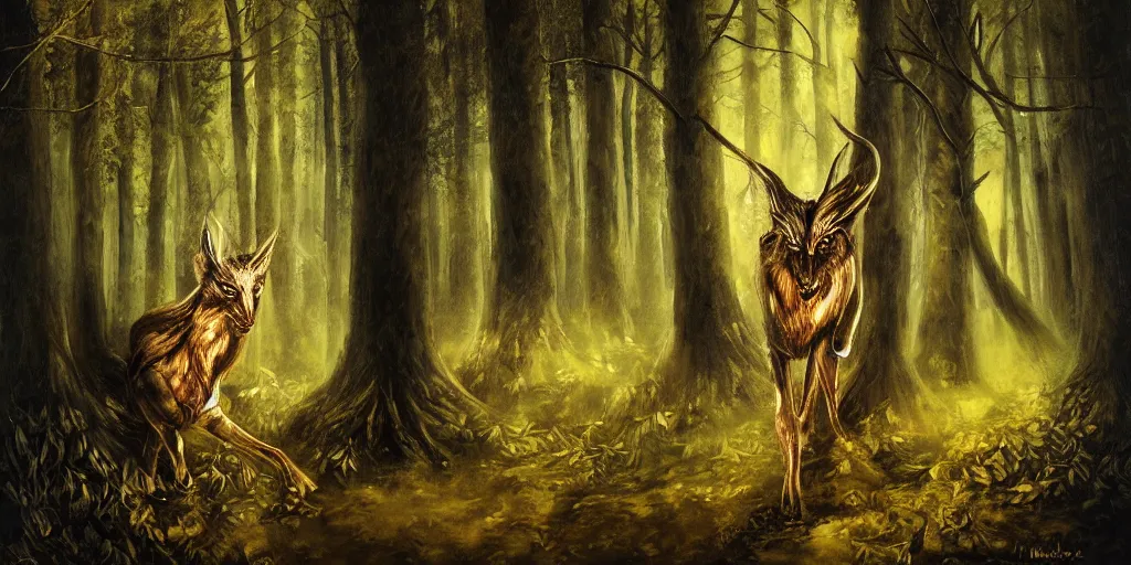 Image similar to Mavka, the mythological spirit of the forest, hiding behind trees in the dark, glowing eyes, oil painting, dramatic lighting, smooth, sharp focus, extremely detailed, exquisite