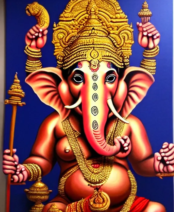 Image similar to 8 k, hyper realistic painting of lord ganesha in a warrior pose in the middle of mumbai