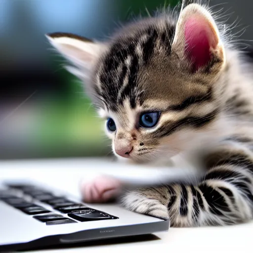 Image similar to photorealistic image of a single kitten playing on a laptop keyboard writing a letter to his friend