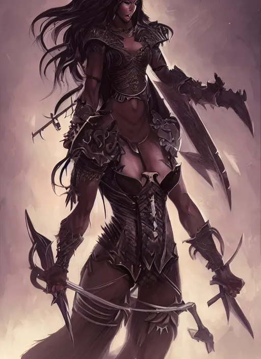 Image similar to beautiful warrior lady, black long hair, practical armor, brown skin, demonic eyes, low fantasy, extremely detailed, sharp focus, smooth, digital illustration, by rossdraws, frank franzzeta, sakimichan