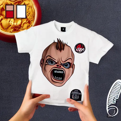 Image similar to screaming chucky doll ice cream box logo