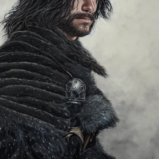 Image similar to lord comander of the nights watch, incredibly detailed oil painting, high octane, trending on artstation, incredible fineline, regal, fine art museum piece, drum scanner